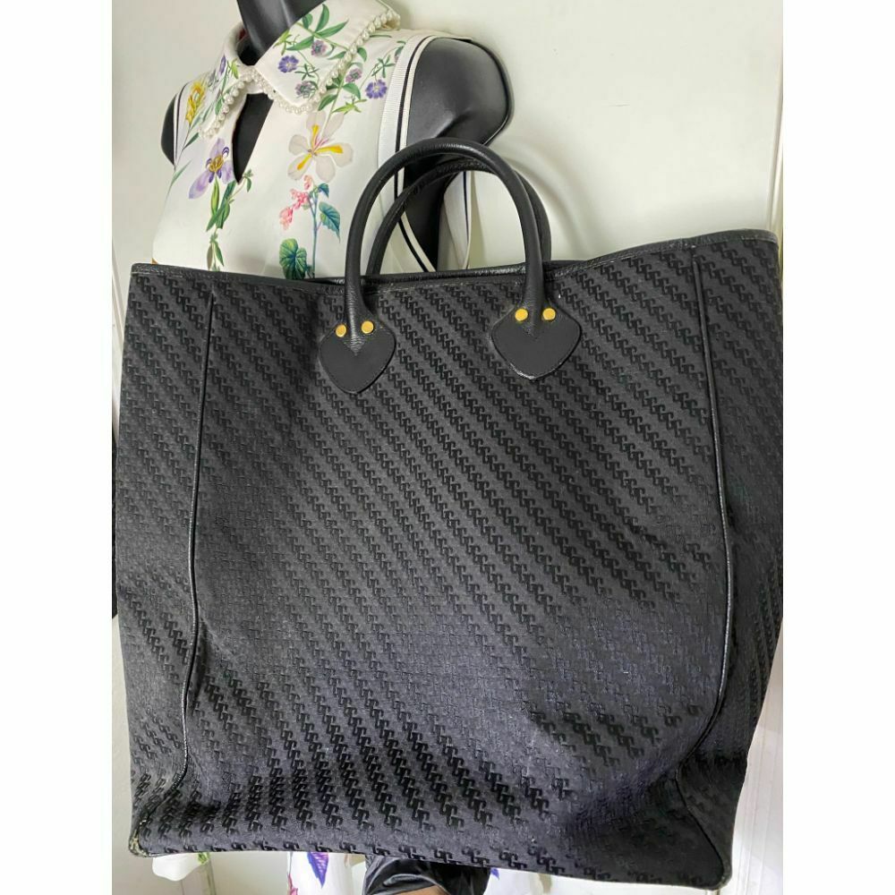 GUCCI XL Vintage Tote Bag Black Jacquard Fabric w/ Leather Trim