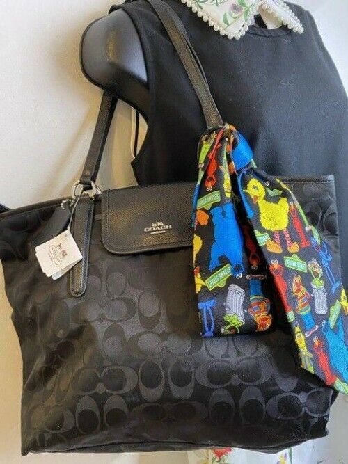 coach bag w w add on sesame street tie accesory black fabric tote