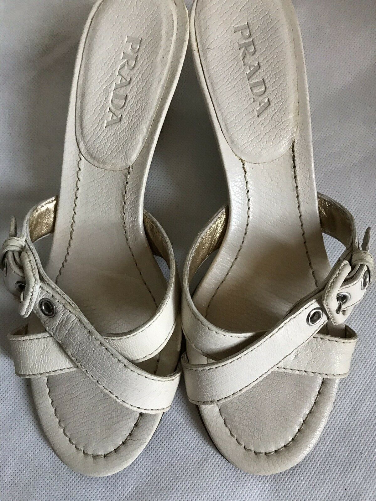 PRADA White Leather Wedge Sandals
