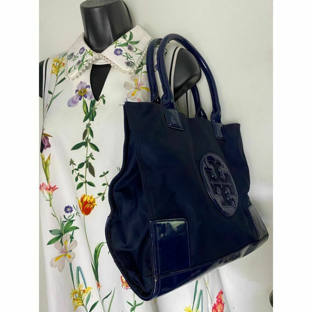 TORY BURCH Navy Nylon Medium Tote w/ Patent Logo