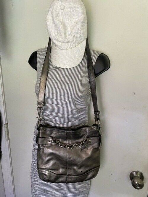 Coach Front Chain Gun Metal Leather Cross Body Bag