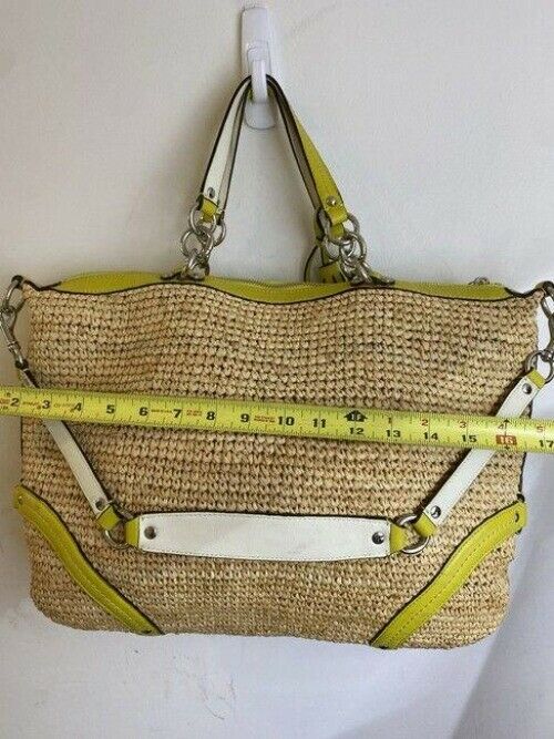 coach xl w w leather trim tan green woven straw tote