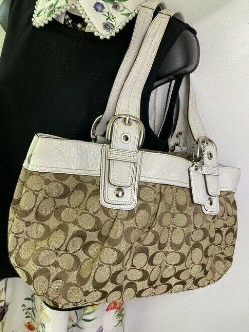 coach bag white brown fabric tote