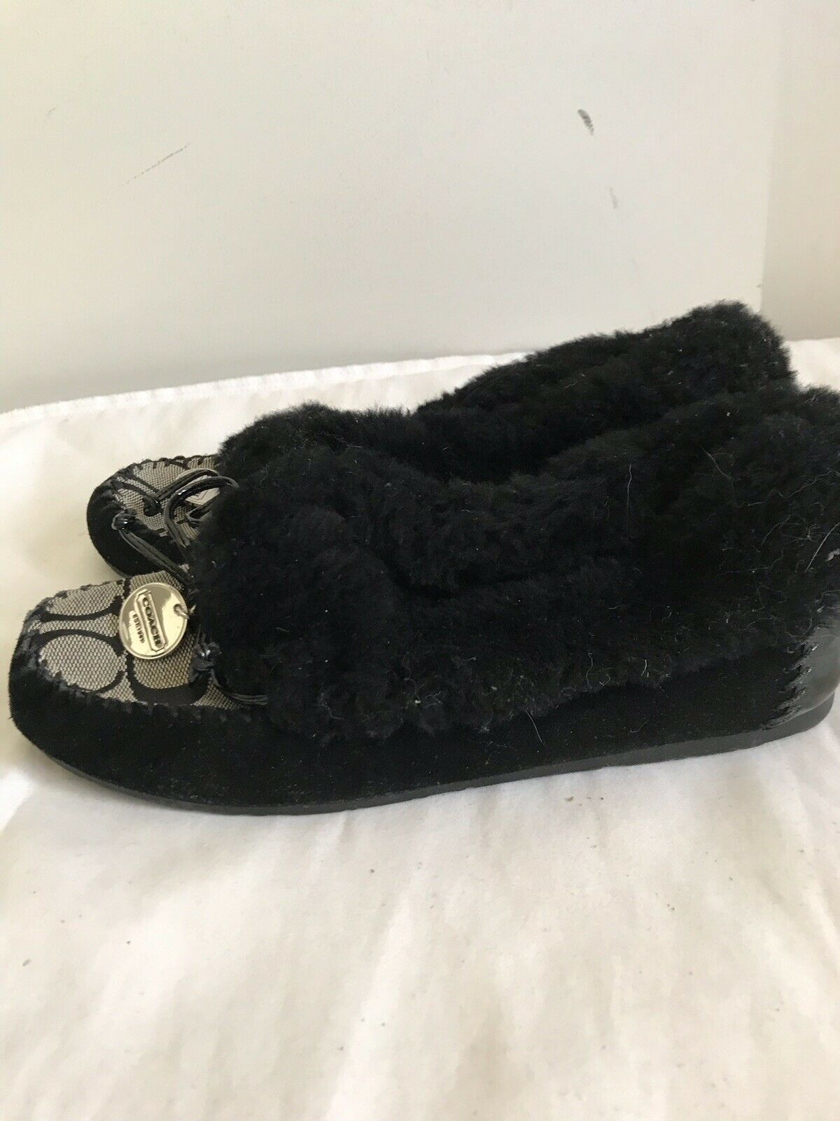 COACH Black Faux Fur/Jacquard Logo Moccasin Flats