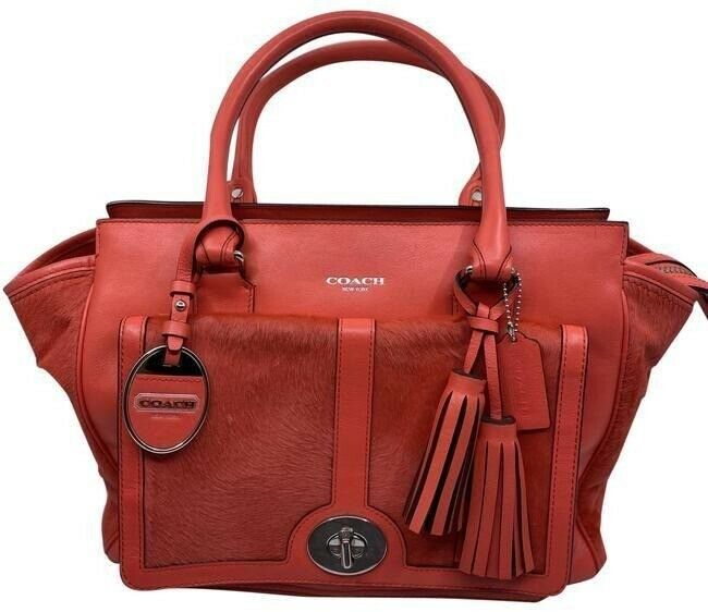 Coach w w pony hair contrast handbag coral leather tote