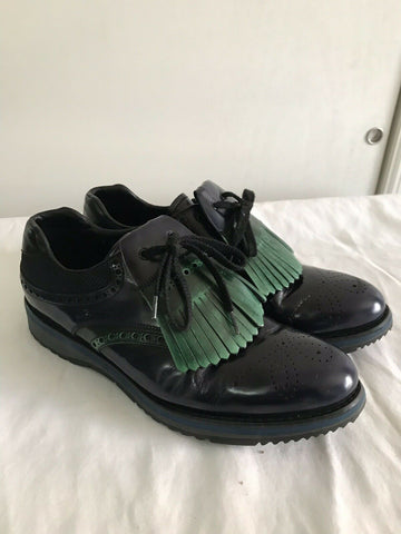 Prada Navy/Green Perforated Leather Oxfords