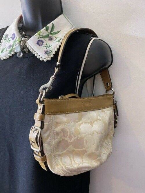 coach mini bag tan silver fabric tote