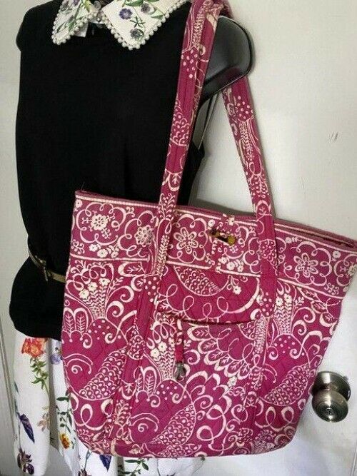 vera bradley bag large quilted pink white fabric tote