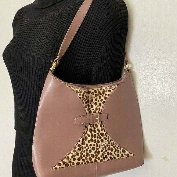 FURLA Pink Leather Animal Print Fur Contrast Handb
