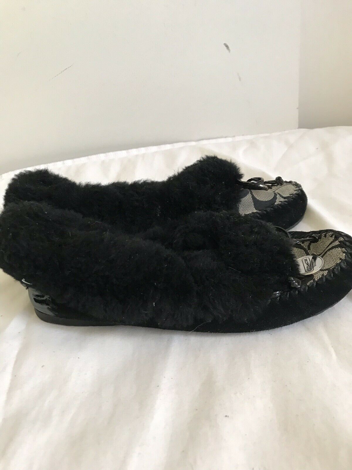COACH Black Faux Fur/Jacquard Logo Moccasin Flats