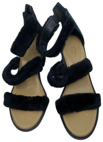 ugg australia black tan heeled fuzzy zip up sandals size us