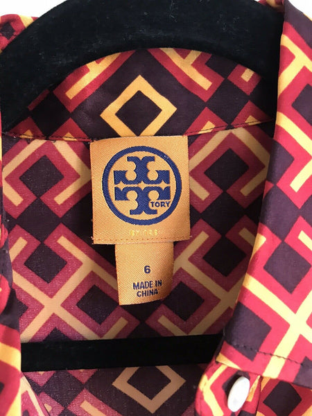 TORY BURCH All Over Logo Silk Top Size 6