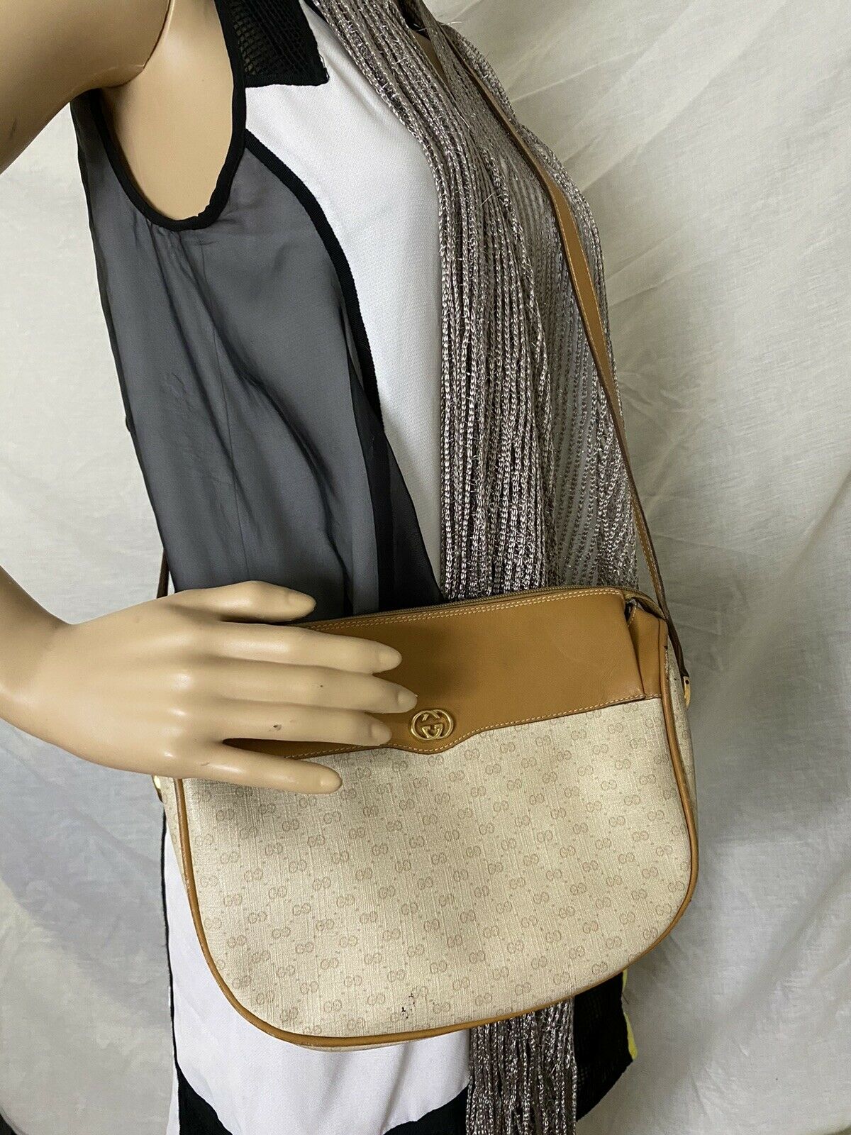 GUCCI Vintage Beige Coated Canvas/ Leather Crossbody