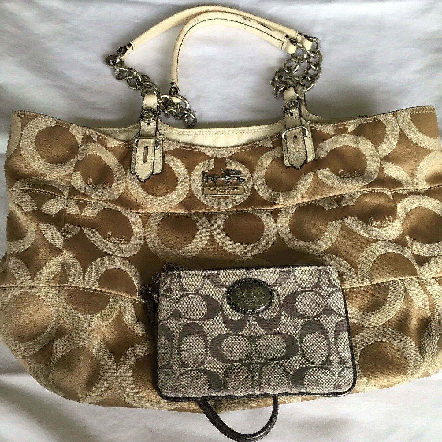 COACH Gold Jacquard Medium Tote W Silver Grey Pouch Msrp $400
