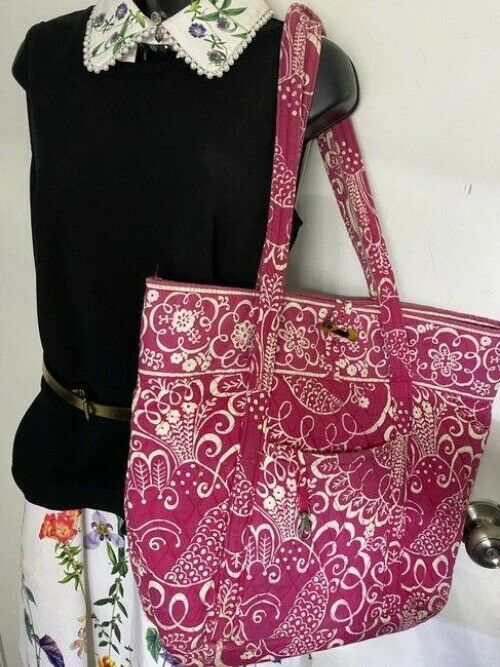 vera bradley bag large quilted pink white fabric tote