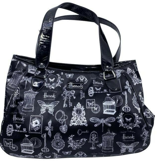 Harrods Shoulder Bag Black White Nylon Fabric Tote