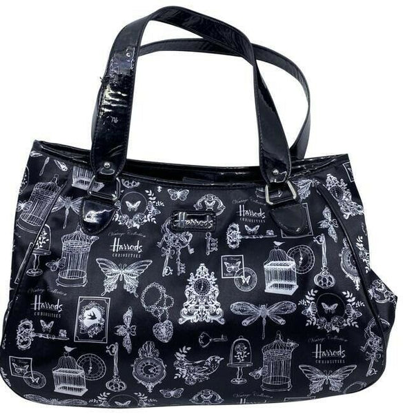 Harrods Shoulder Bag Black White Nylon Fabric Tote