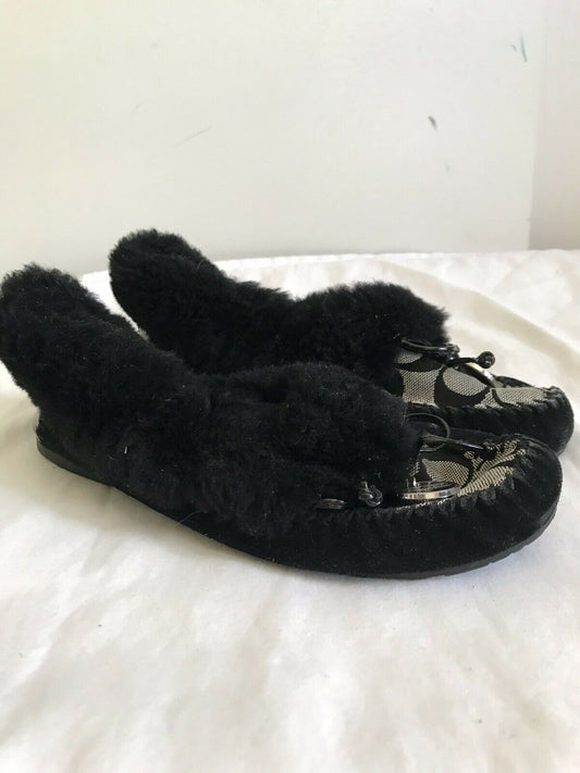 COACH Black Faux Fur/Jacquard Logo Moccasin Flats