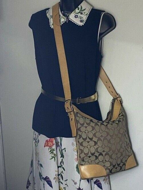 coach medium size tan brown jacquard fabric cross body bag