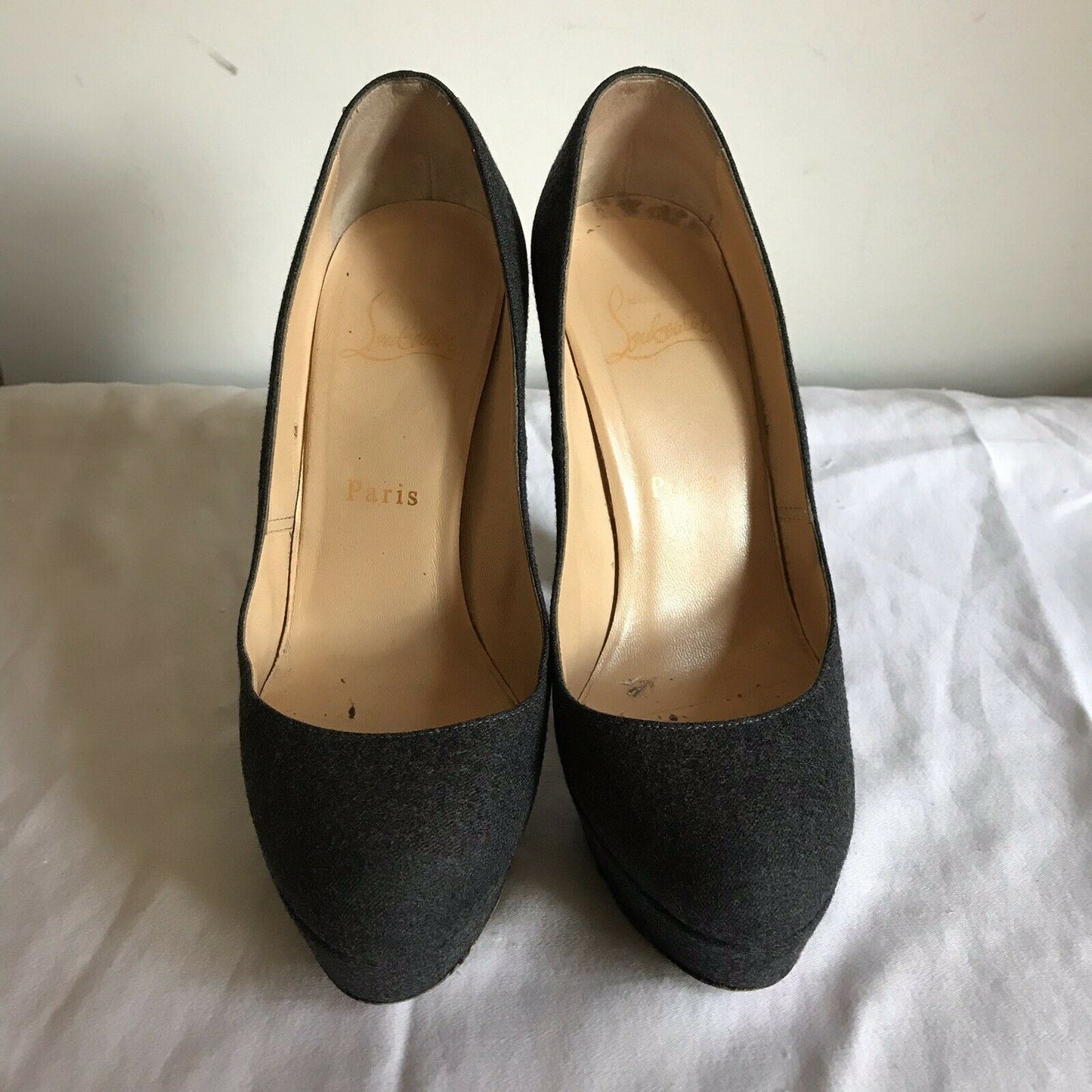 CHRISTIAN LOUBOUTIN Grey Denim Classic Pumps W/ Heel Spikes On Heels 36.5