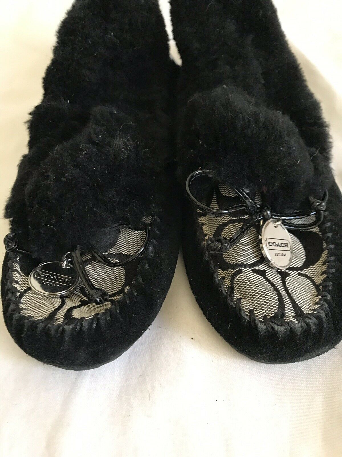 COACH Black Faux Fur/Jacquard Logo Moccasin Flats