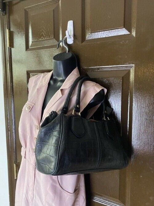 Cole Haan Croc Embossed Black Leather Shoulder Bag