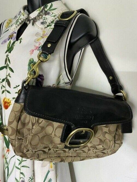coach medium material tan black fabric shoulder bag