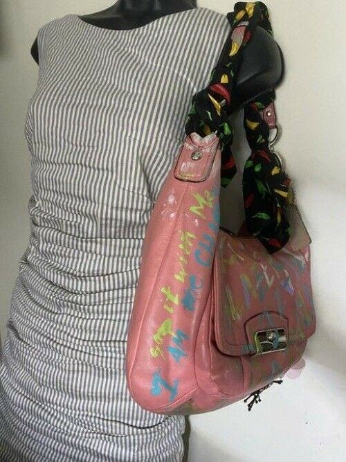Coach w hand customized by me w applique street art coral hobo bag