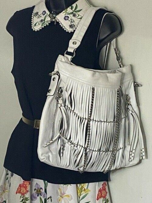 b makowsky zipper front large white leather shoulder bag