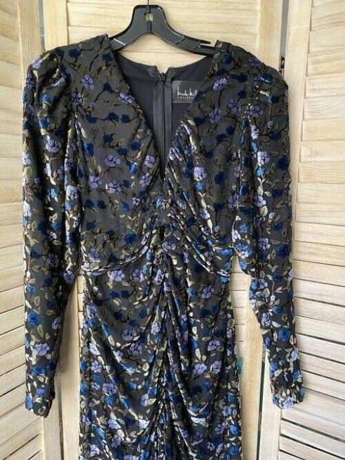 Nicole Miller Gray Blue Gold Floral Msrp Mid Length Short Casual Dress