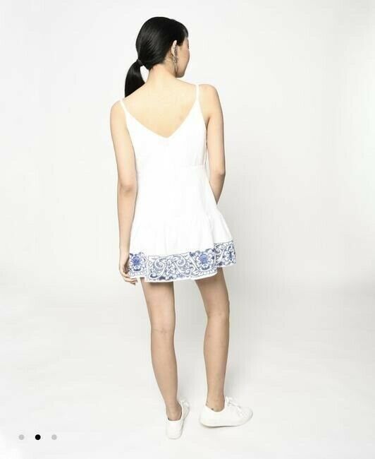nicole miller white blue w linen w embroidery msrp small short casual dress
