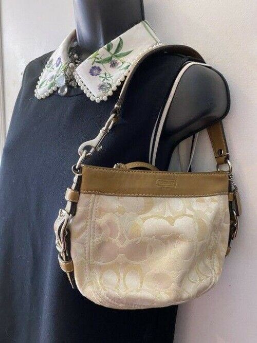 coach mini bag tan silver fabric tote