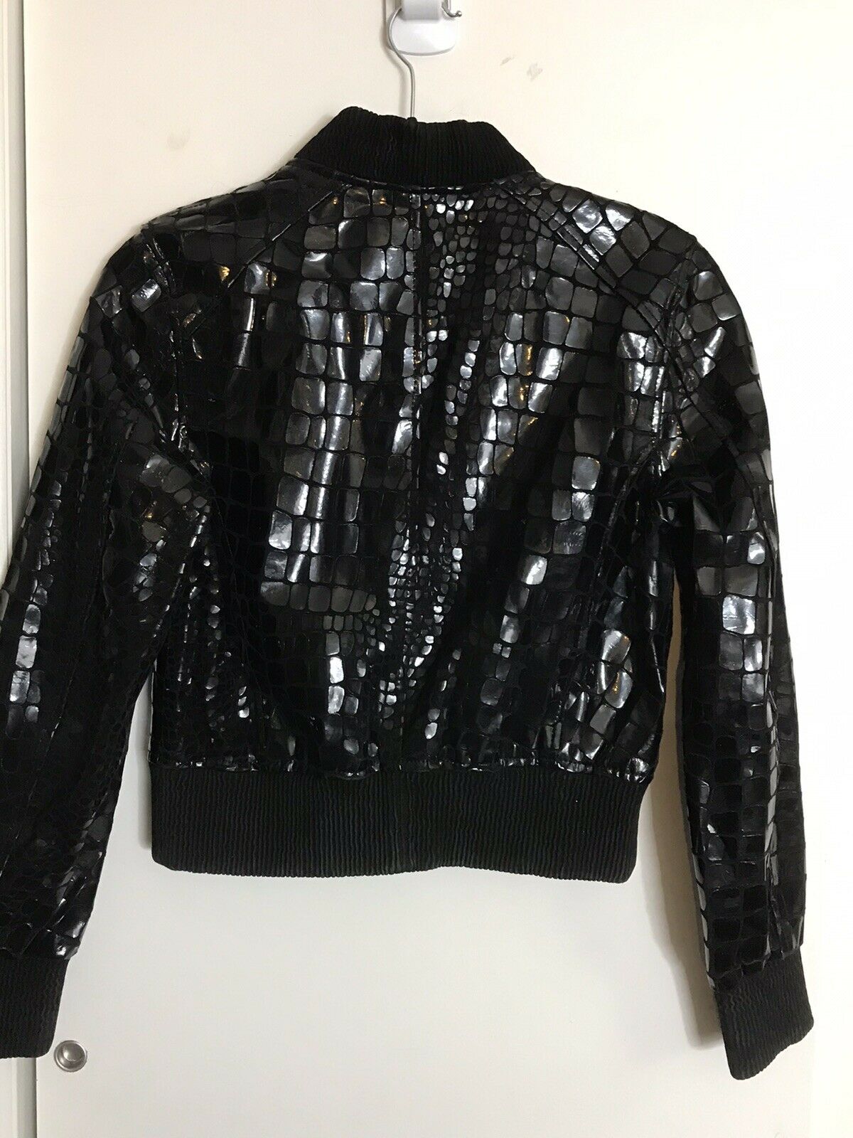 ROSA CHA Black Croc  Embossed Bomber Jacket Small