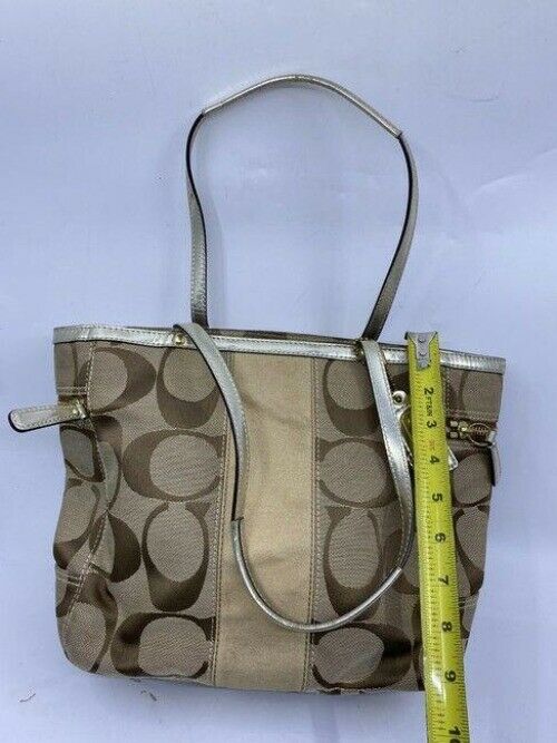 coach large brown silver tan fabric shoulder bag
