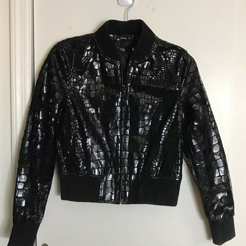 ROSA CHA Black Croc  Embossed Bomber Jacket Small