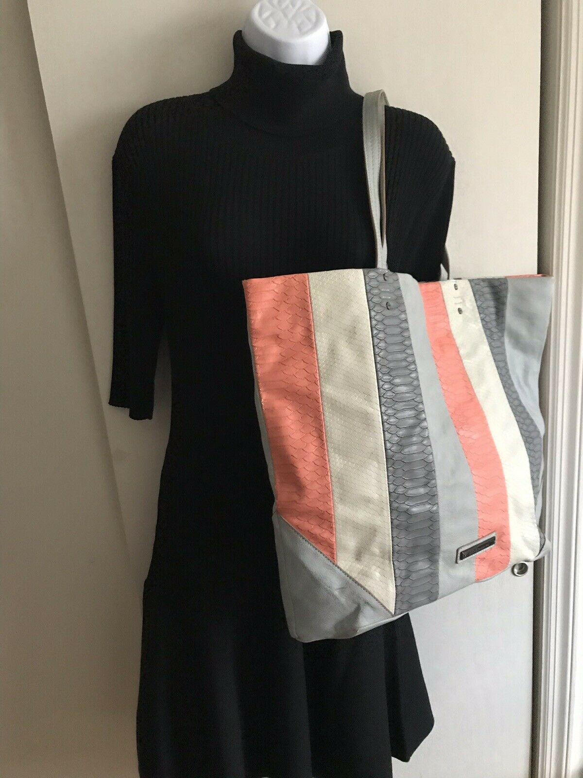 RACHEL ROY Extra Large Faux Leather Blue/Grey/Coral Tote