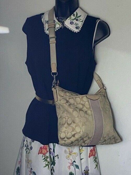 coach medium size beige tan jacquard fabric cross body bag