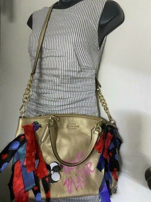 Coach w hand shoulder customized by me w applique street art gold shoulder bag