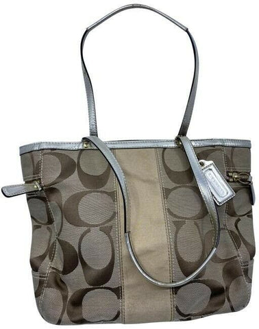 coach large brown silver tan fabric shoulder bag