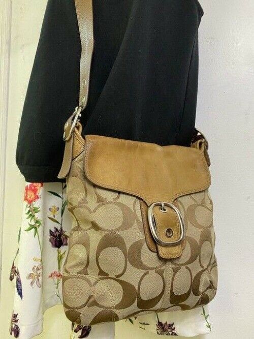 coach beige brown jacquard fabric cross body bag