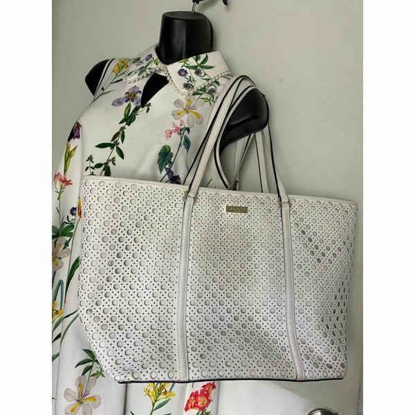 KATE SPADE XL White Leather Laser Cut Tote Bag Very Good Condition