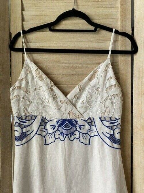 nicole miller white blue w linen w embroidery msrp small short casual dress