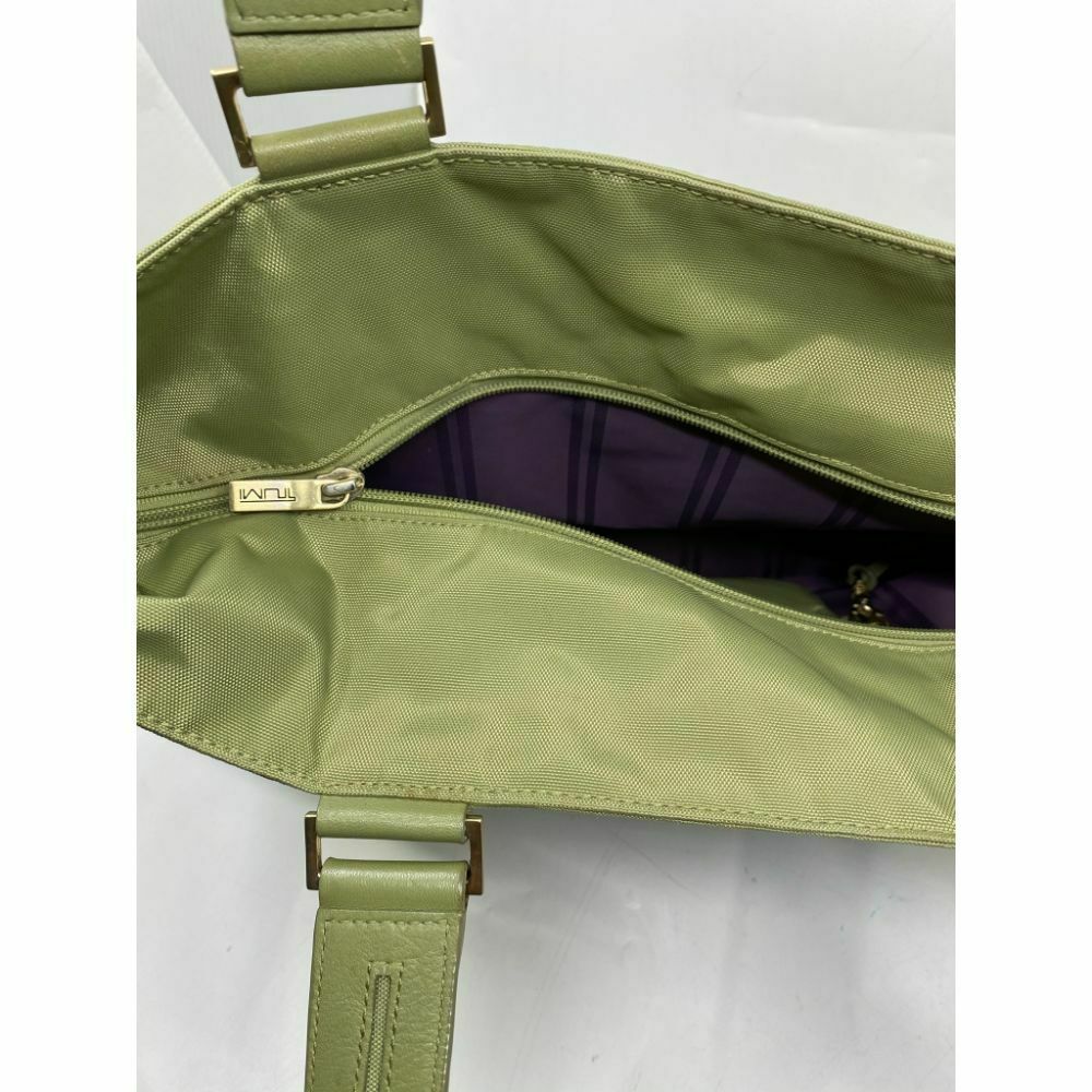 TUMI Green Nylon Tote Bag Large Size w/ Leather Trim Good Condition