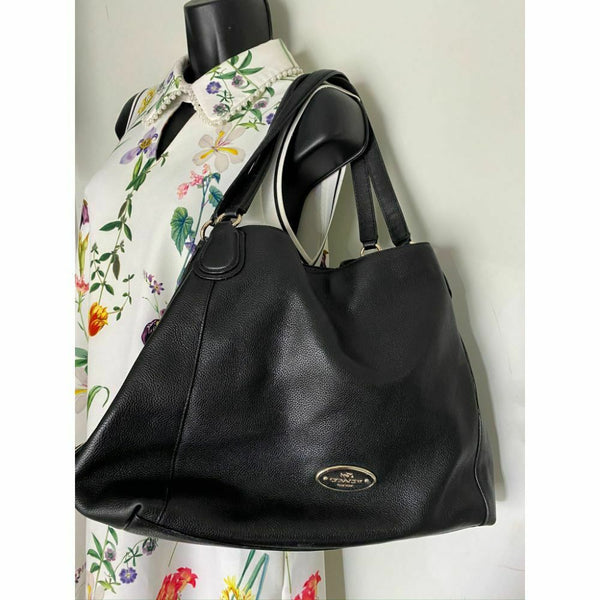 Coach Black Leather Classic Tote Bag Multiple Compartments