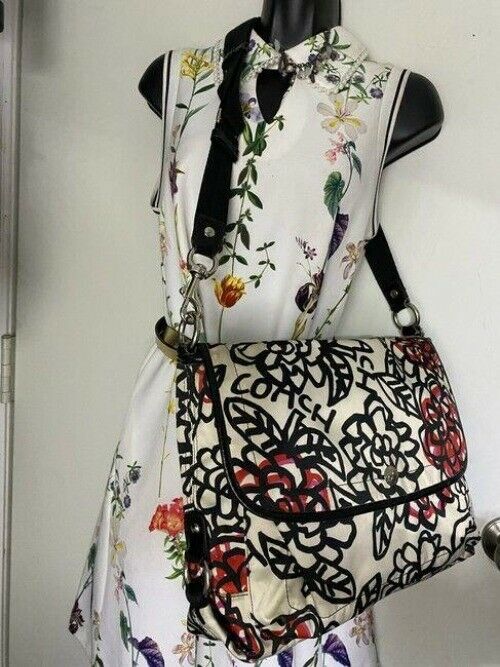 coach tote black white red fabric messenger bag