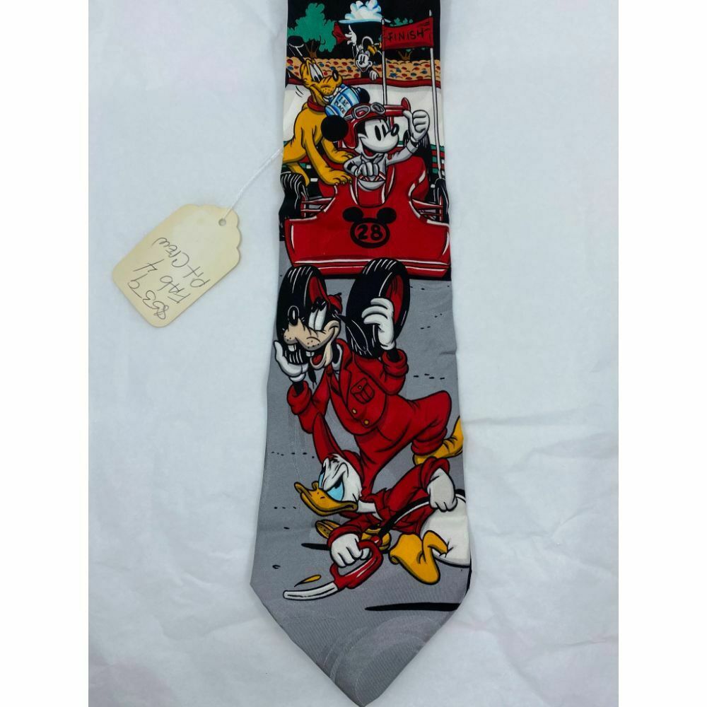MICKEY MOUSE Disney Neck Tie Gray Red Orange Hand Made 100% Silk
