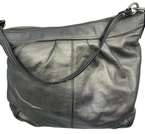 coach large silver gray leather shoulder bag