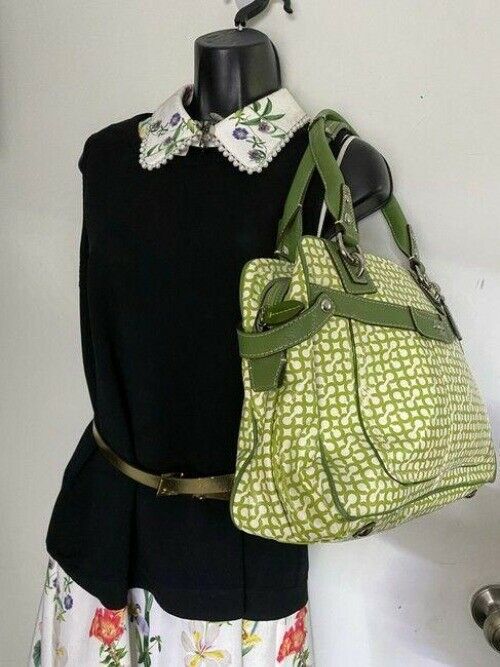 coach medium handbag green white coated canvas tote