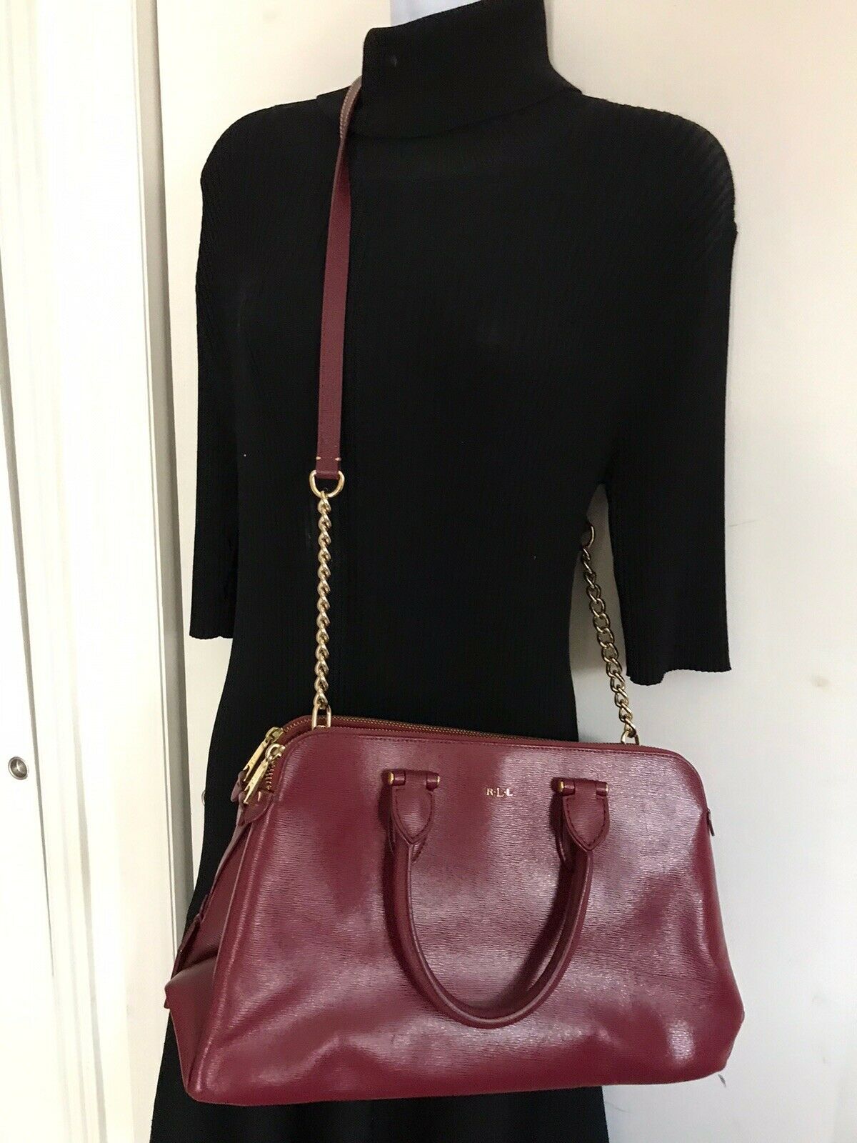 RALPH LAUREN Medium Brown Leather Logo Tote