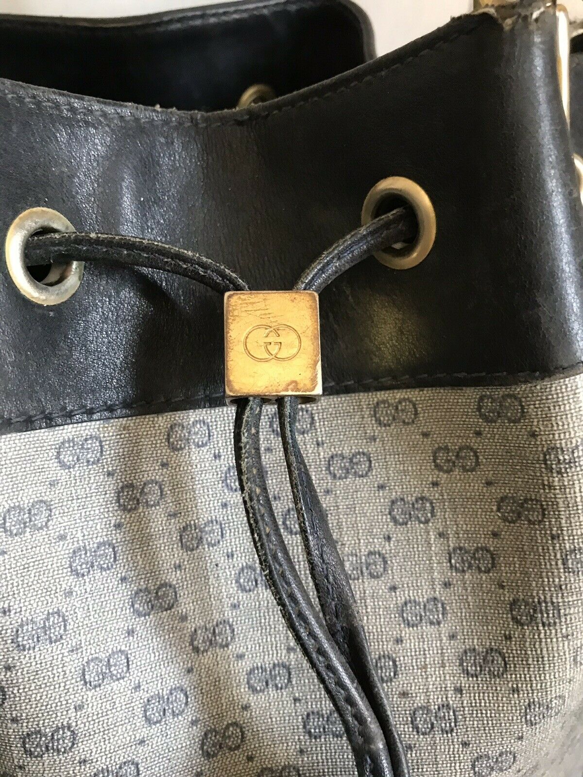 Gucci Vintage Large Navy Bucket Drawstring Monogram Logo Bag